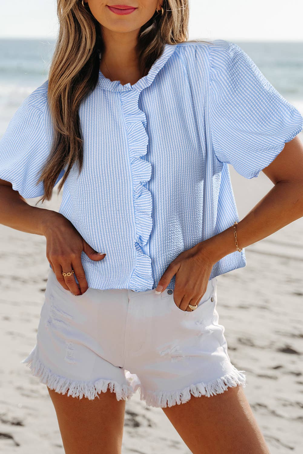 Aapparella - Texture Striped Ruffled Detail Shirt | S-XL