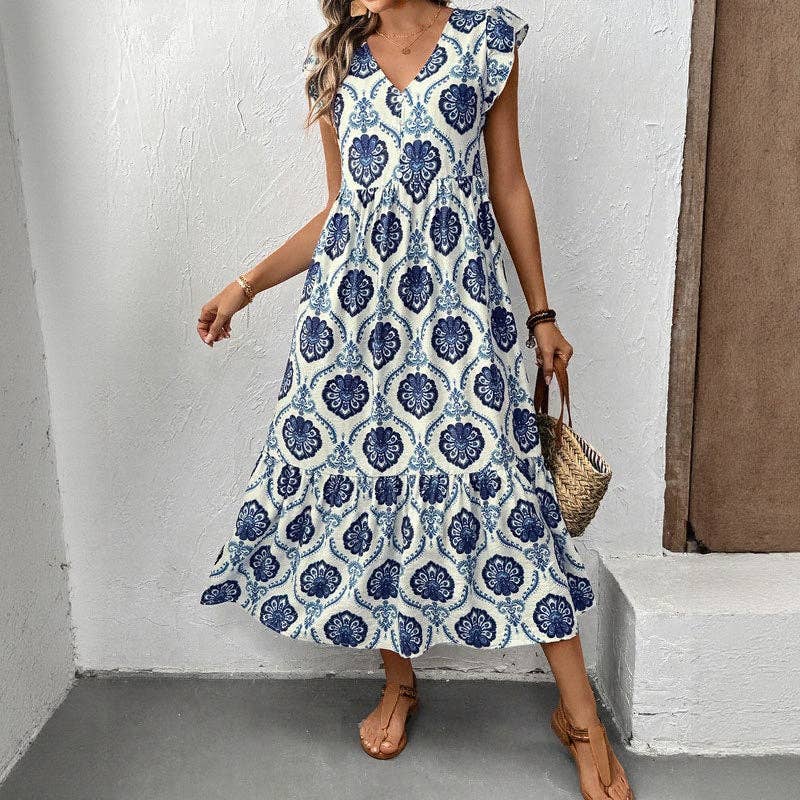 Lovesoft - Loose-Fit Deep V-Neck Floral Print Maxi Dress