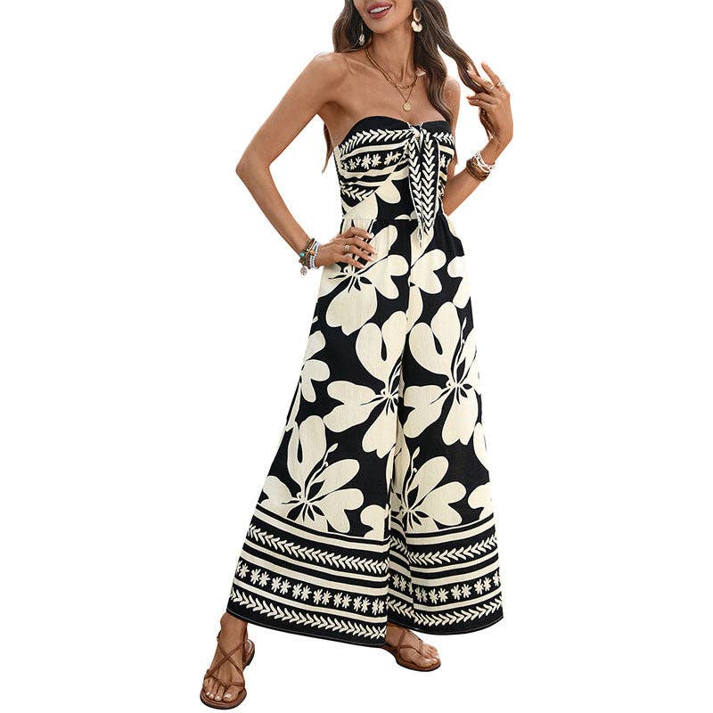 Lovesoft - Black Floral Strapless Backless Wide Leg Jumpsuit