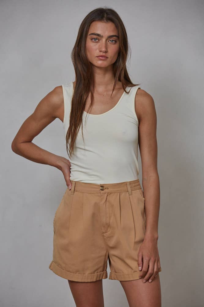 By Together - L5597 | Cotton Pleated Front Relax Fit Wide Leg Shorts