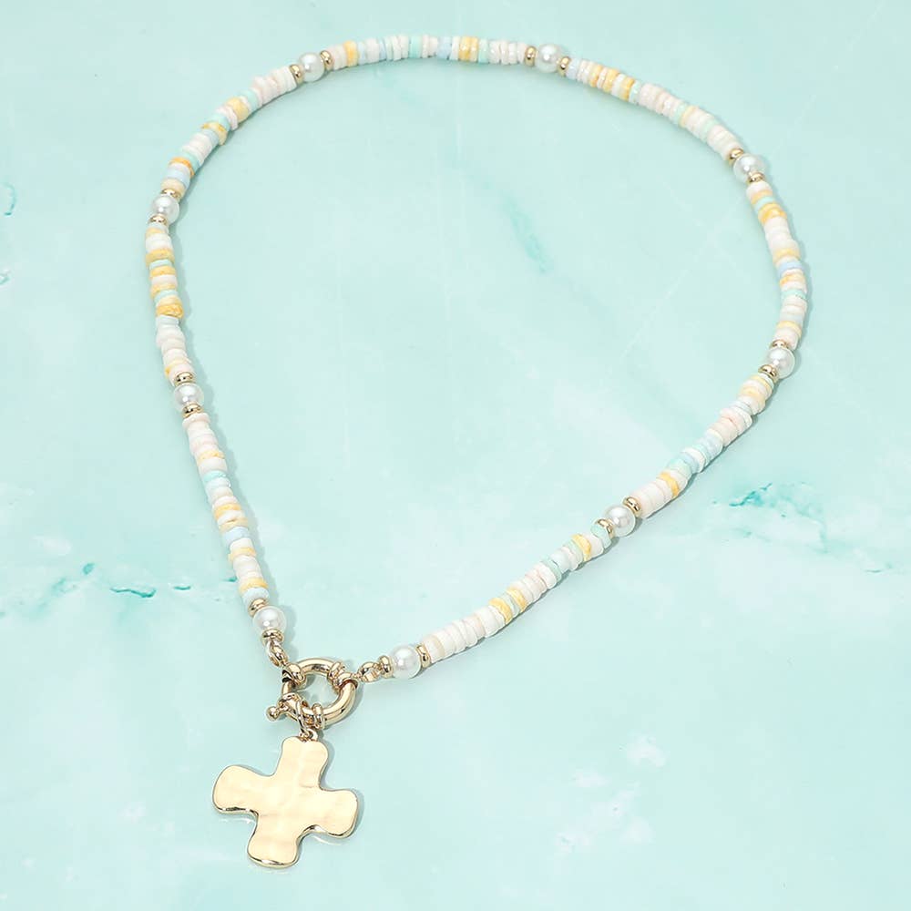 Sensibling Corp. - Hammered Metal Cross Charm Pendant Accent Pearl Flat Beaded Necklace