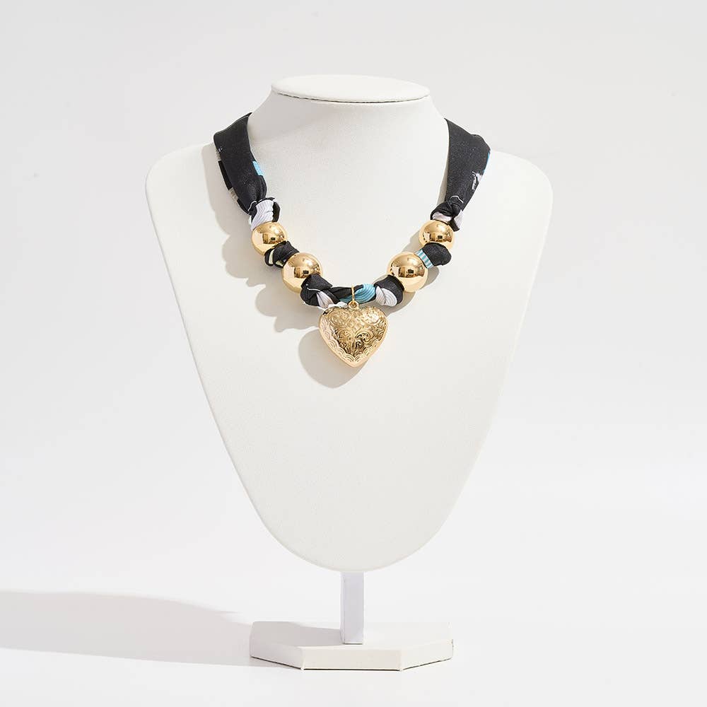 Sensibling Corp. - Gold Dipped Puffy Textured Heart Charm Accent Fabric Scarf Necklace / Adjustable Bracelet / Bag Charm