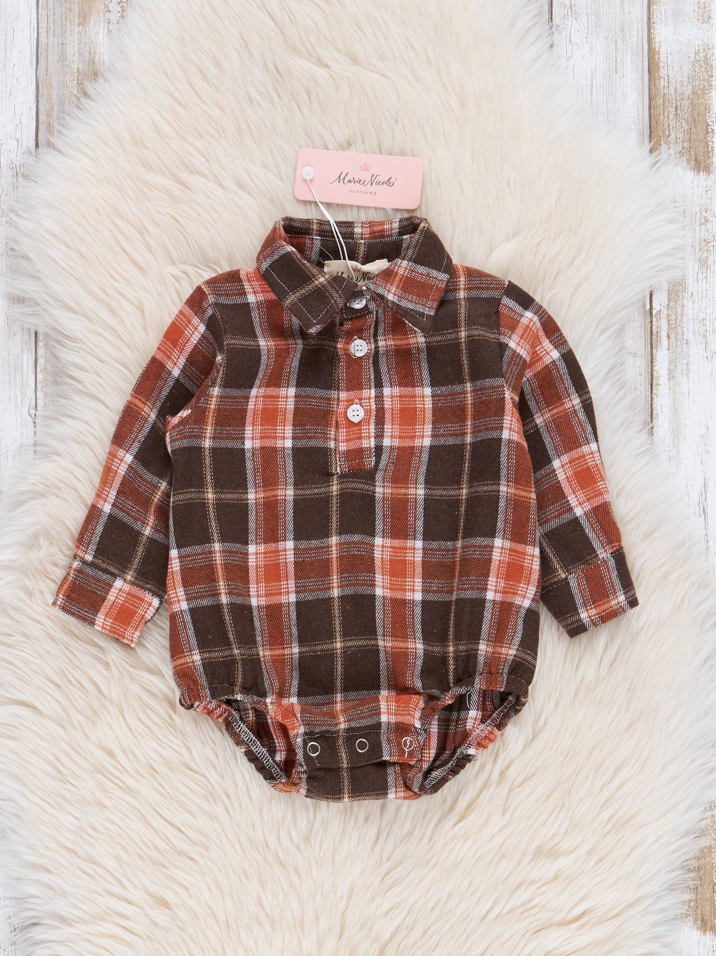 Marie Nicole Clothing - Brown & Orange Flannel Button-Up Bubble Romper