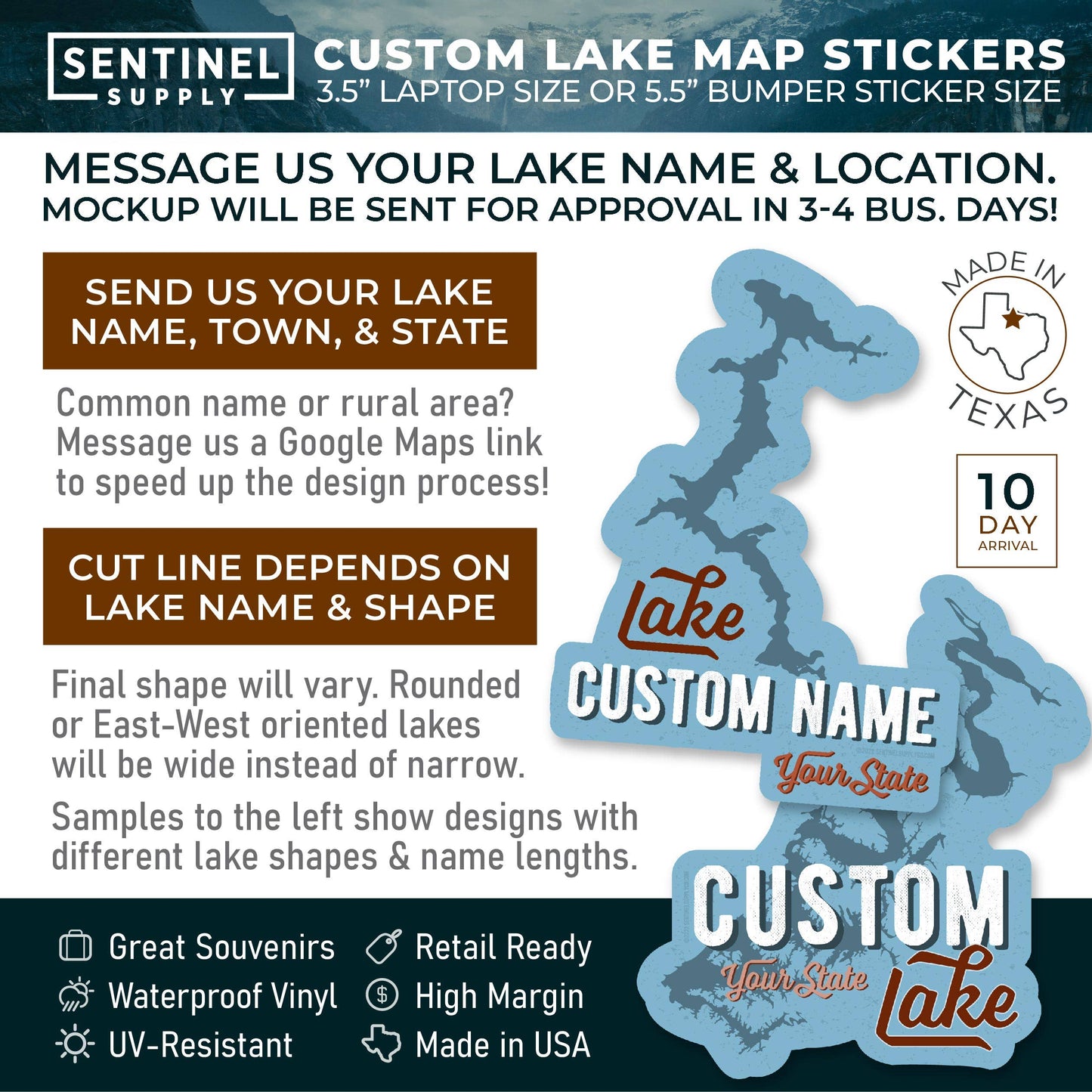 Sentinel Supply - Custom Lake Stickers - Request a Lake on Name Drop Decals