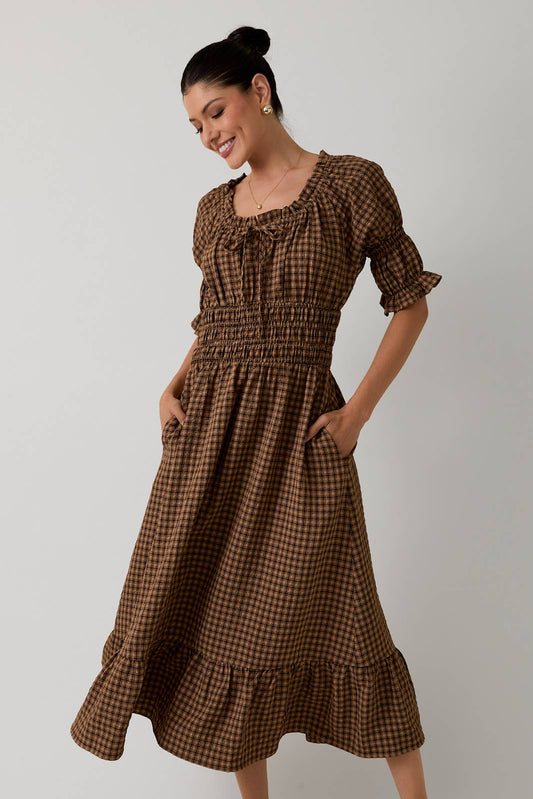 Sunday Edition by LE LIS - SCOOP NECK PUFF SLEEVE SMOCKED MIDI DRESS
