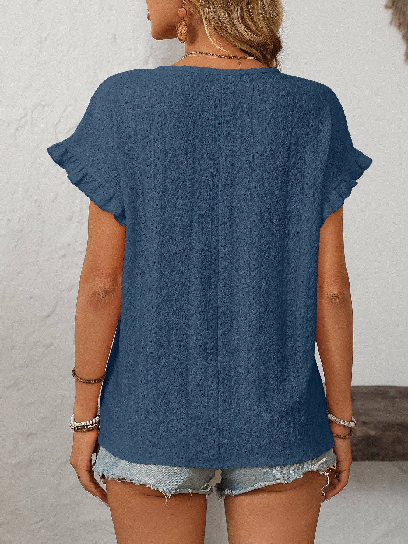 Lovesoft - Solid Color Crewneck Sweet Short-Sleeve Hollow-Out Top