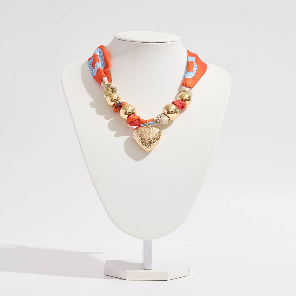 Sensibling Corp. - Gold Dipped Puffy Textured Heart Charm Accent Fabric Scarf Necklace / Adjustable Bracelet / Bag Charm