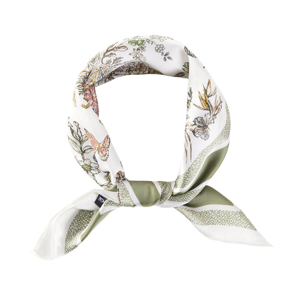 Sensibling Corp. - Chinoiserie Butterfly Floral Pattern Printed Square Silky Satin Bandana Scarf