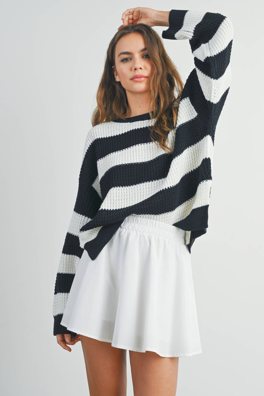 BUTTERMELON - Striped Round Neck Long Sleeve Sweater - BMW7329