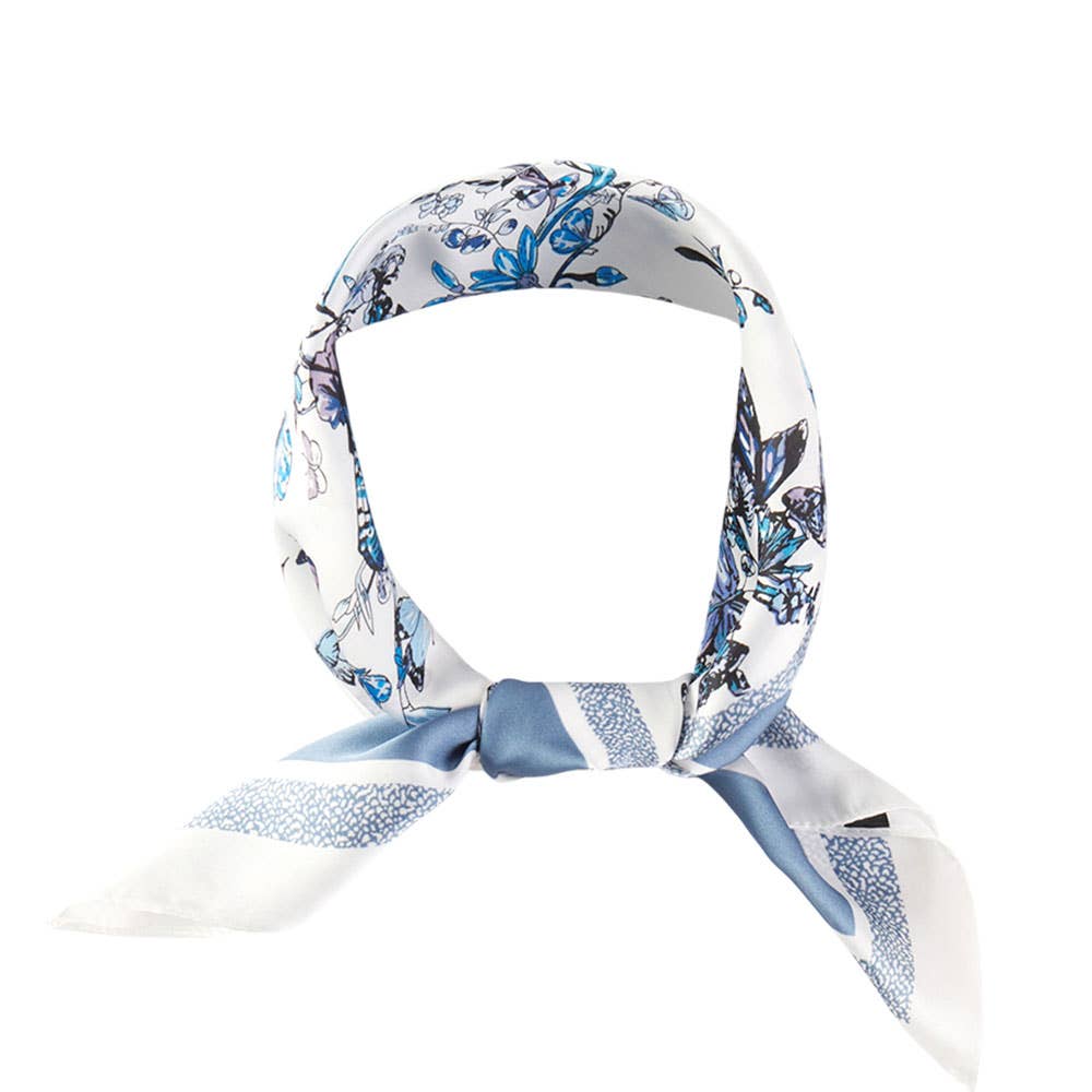 Sensibling Corp. - Chinoiserie Butterfly Floral Pattern Printed Square Silky Satin Bandana Scarf