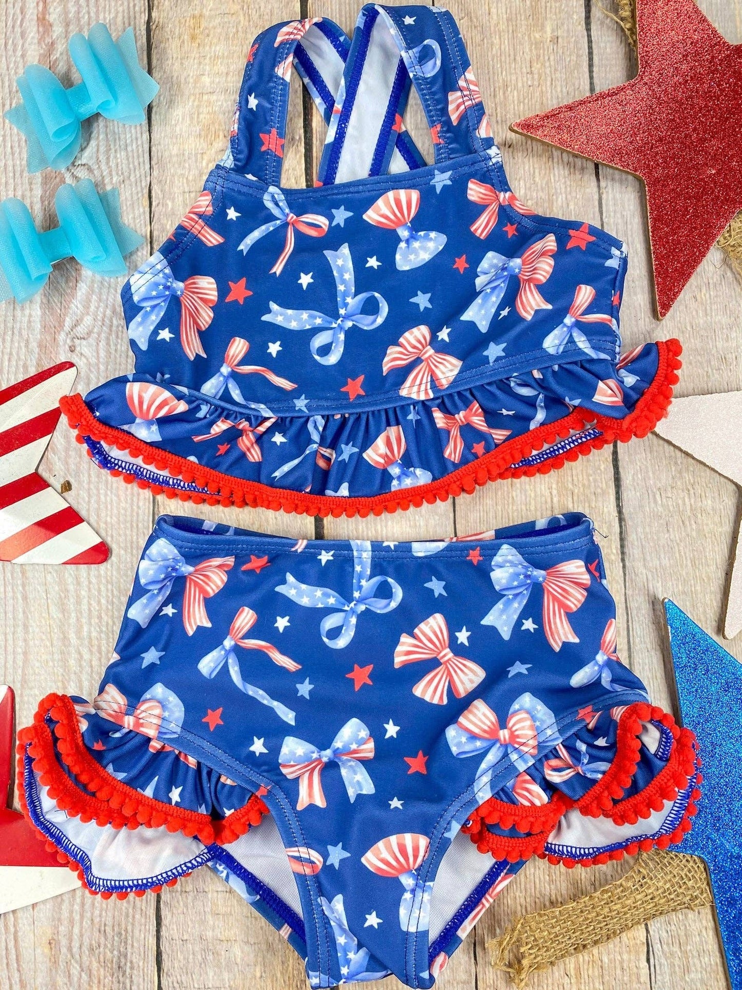 The Hair Bow Company - Navy Patriotic Bow Print Two-Piece Swimsuit | Baby Girls Ruffle Swim Set