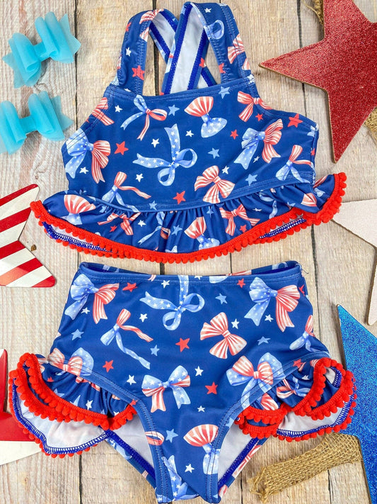 The Hair Bow Company - Navy Patriotic Bow Print Two-Piece Swimsuit | Baby Girls Ruffle Swim Set