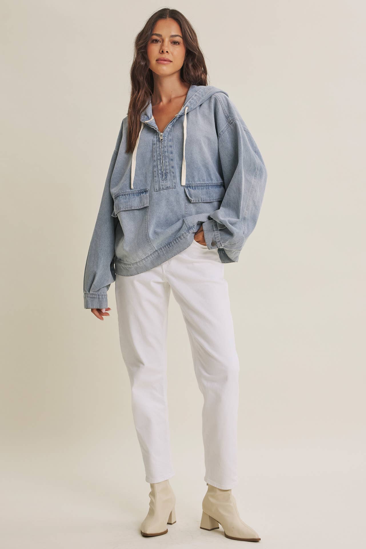 in february - CRAVING COMFORT MINERAL-WASHED DENIM HOODED PULLOVER