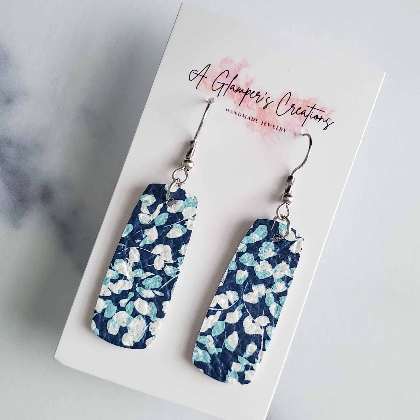 A Glamper's Creations LLC - White & Blue Floral Mini Bar Leather Earrings