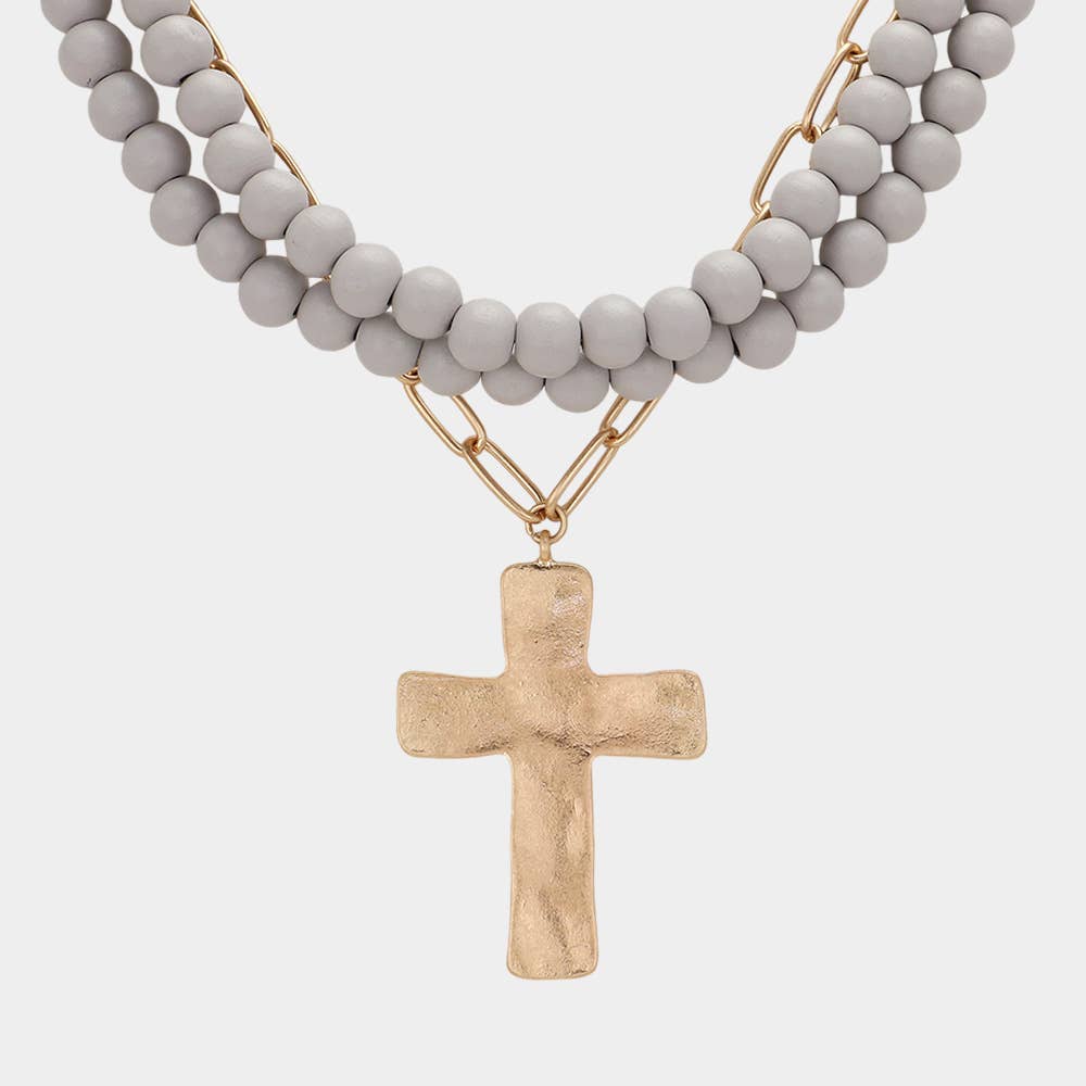 Sensibling Corp. - Hammered Metal Cross Pendant Wood Chain Layered Necklace