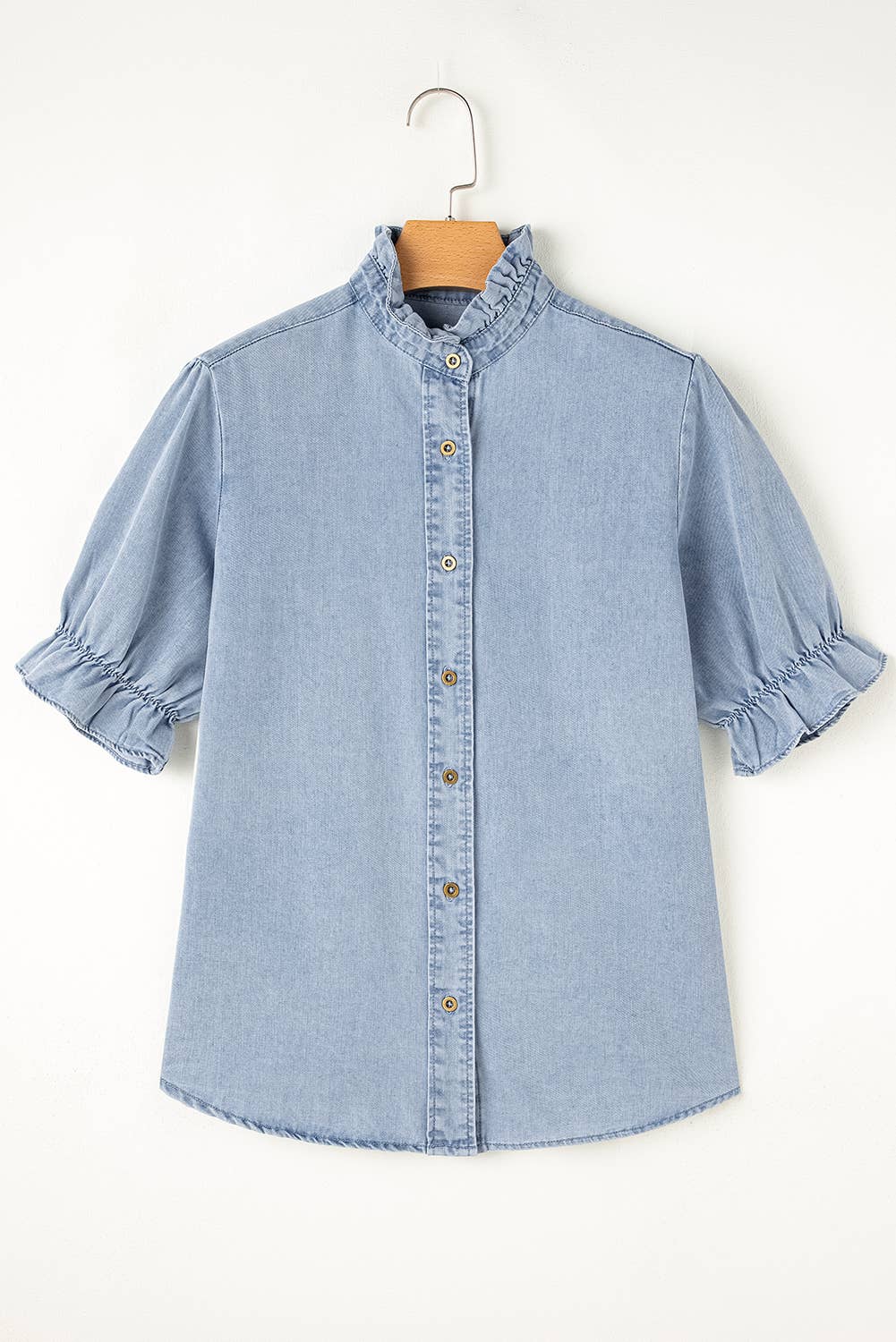 Aapparella - Ruffle Short Puff Sleeve  Chambray Denim Shirt | S-XL