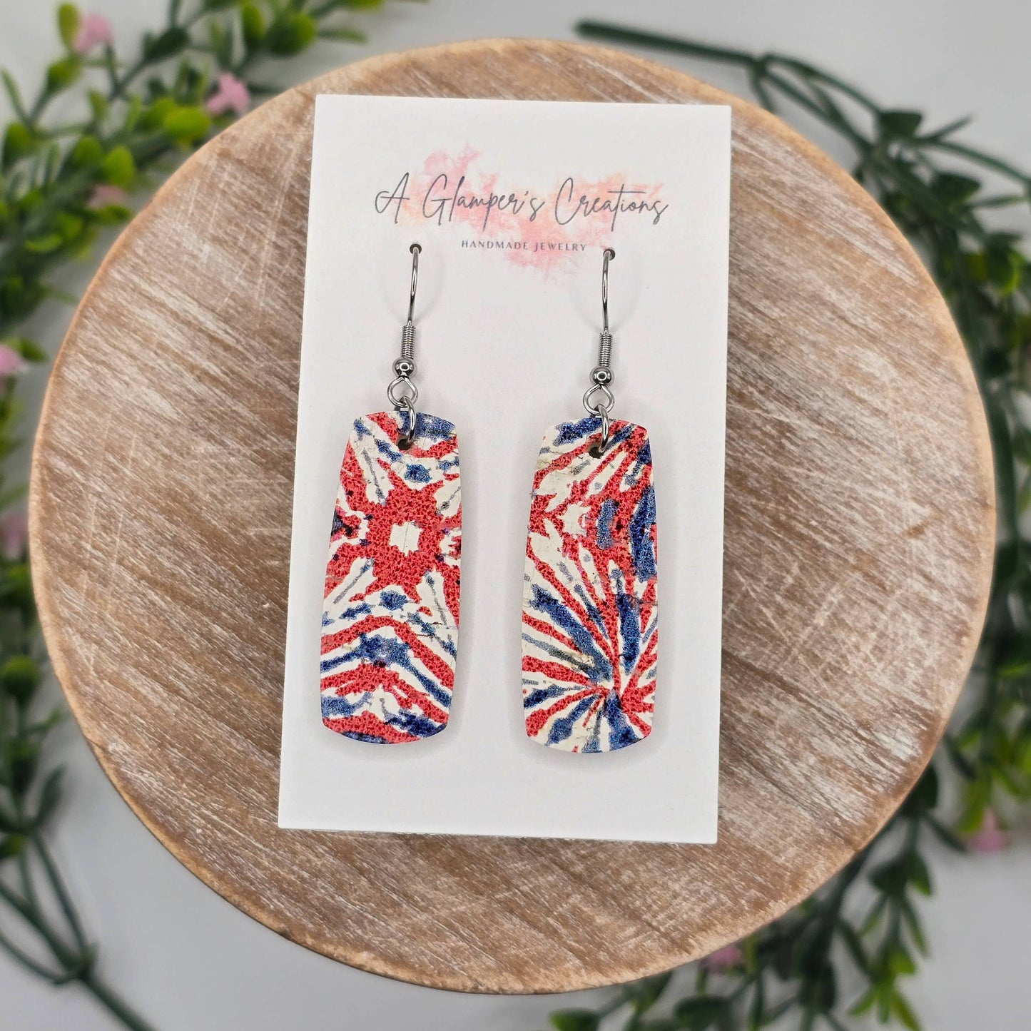 A Glamper's Creations LLC - Red White & Blue Tie Dye Patriotic Mini Bar Leather Earrings
