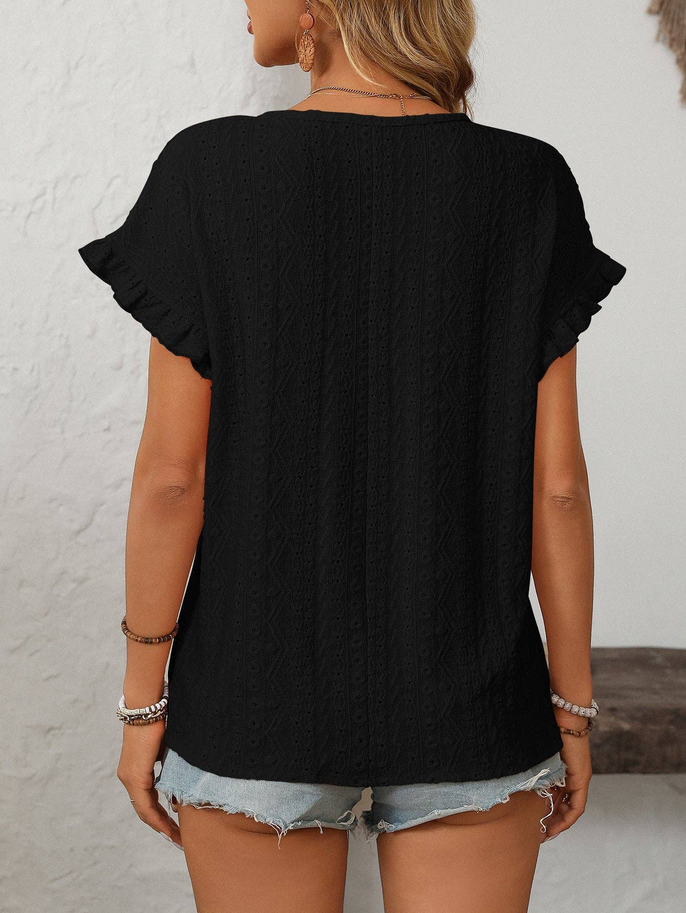 Lovesoft - Solid Color Crewneck Sweet Short-Sleeve Hollow-Out Top