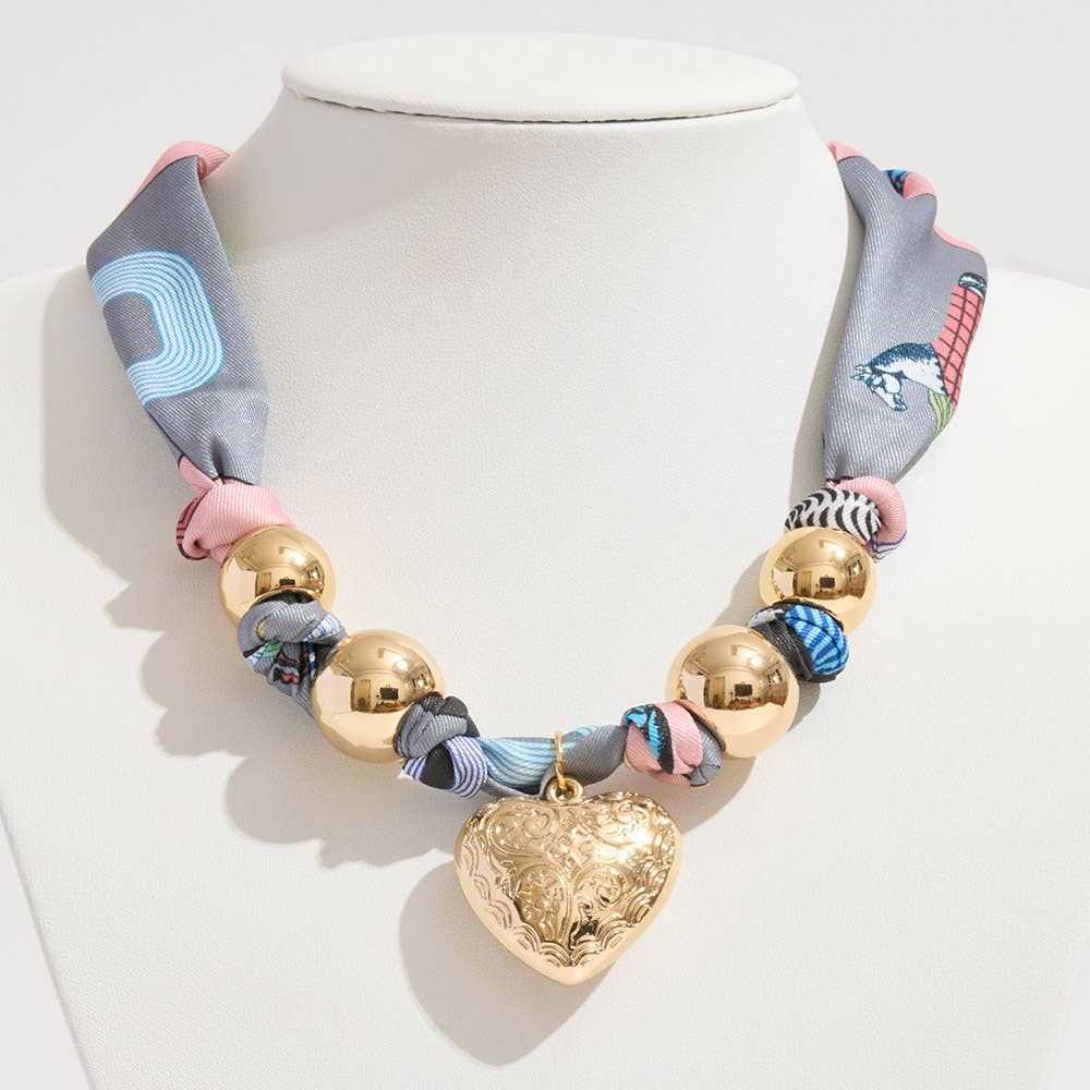 Sensibling Corp. - Gold Dipped Puffy Textured Heart Charm Accent Fabric Scarf Necklace / Adjustable Bracelet / Bag Charm
