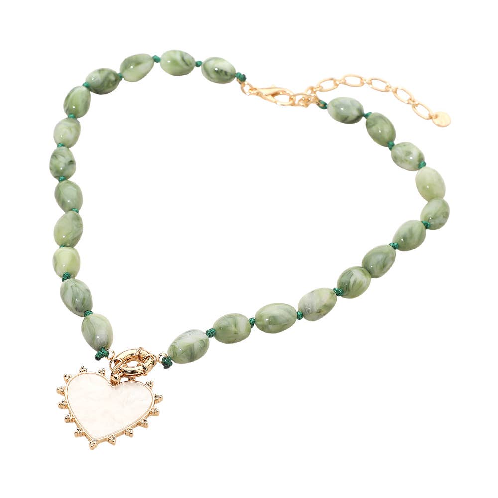Sensibling Corp. - Mother of Pearl Heart Pendant Marbled Resin Oval Beaded Necklace