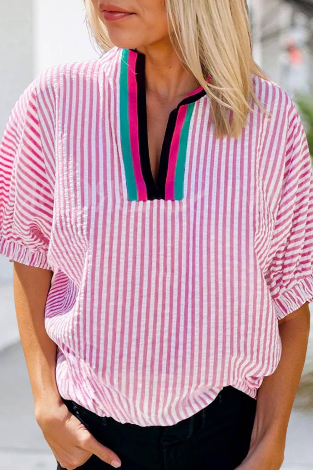 Aapparella - Strip Colorblock Short Sleeve Shift Blouse | S-XL