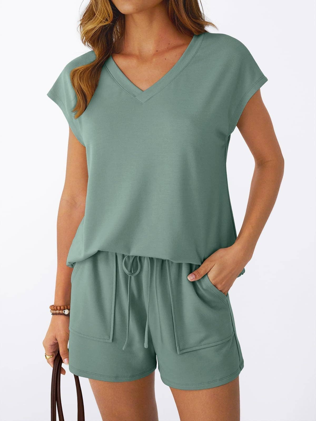 Lovesoft - Women’s V Neck Short Sleeve Top and Drawstring Shorts Set Casual Summer Lounge Outfit