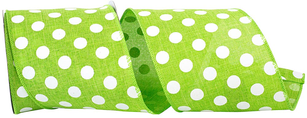 RELIANT RIBBON - White Jumbo Dots Linen Wired Edge, Lime, 4 In, 10 Yards