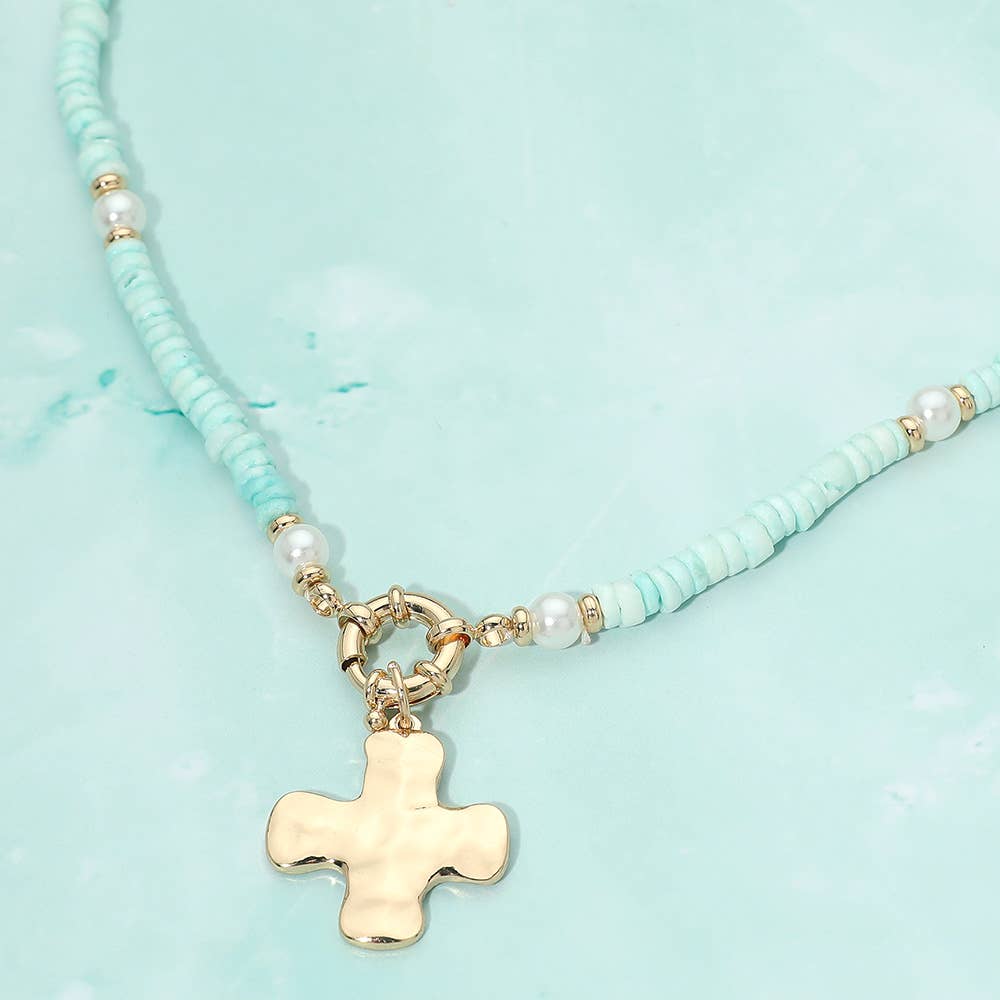 Sensibling Corp. - Hammered Metal Cross Charm Pendant Accent Pearl Flat Beaded Necklace