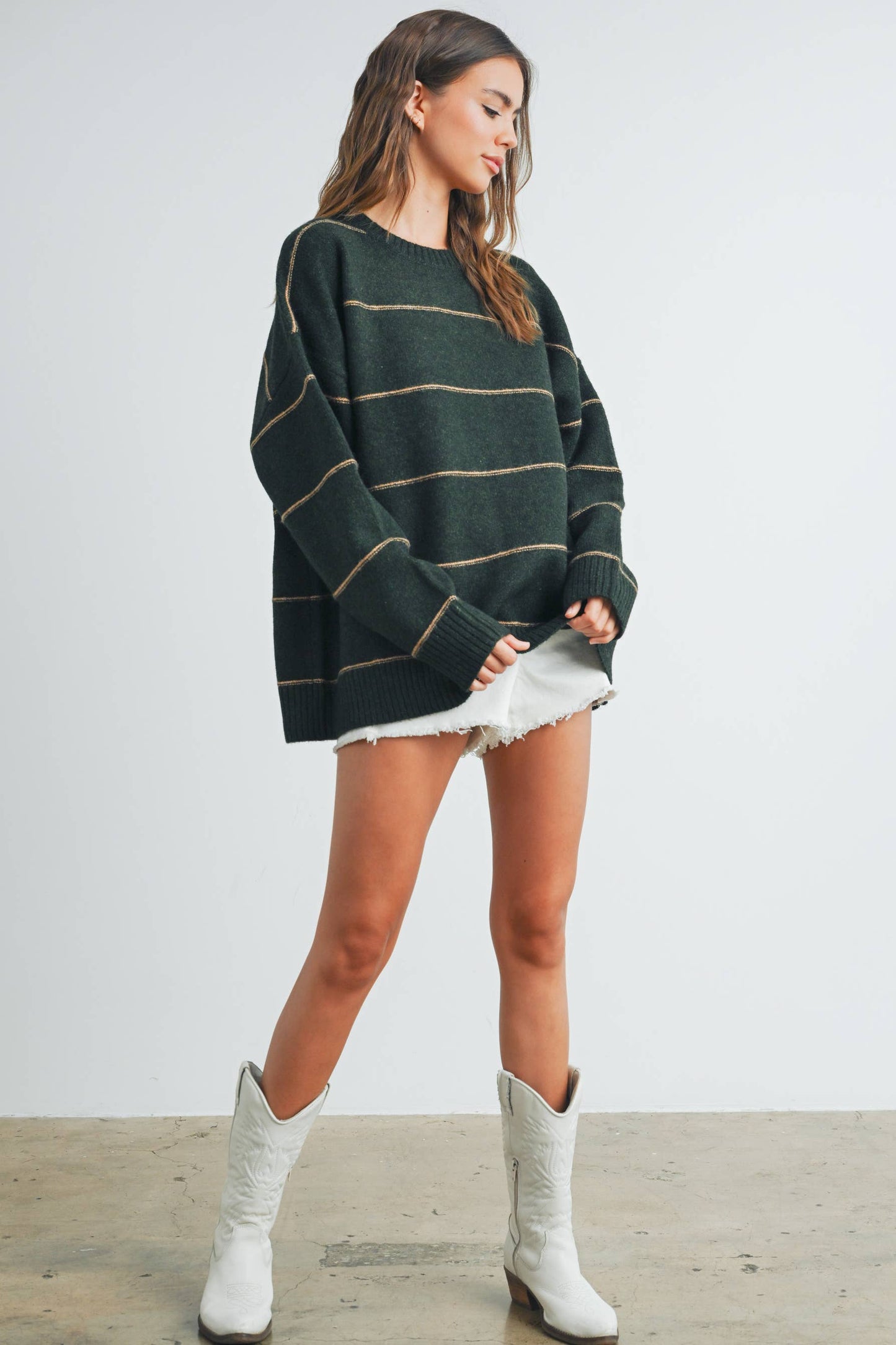 BUTTERMELON - Striped Pattern Drop Shoulder Sweater - BMW7421