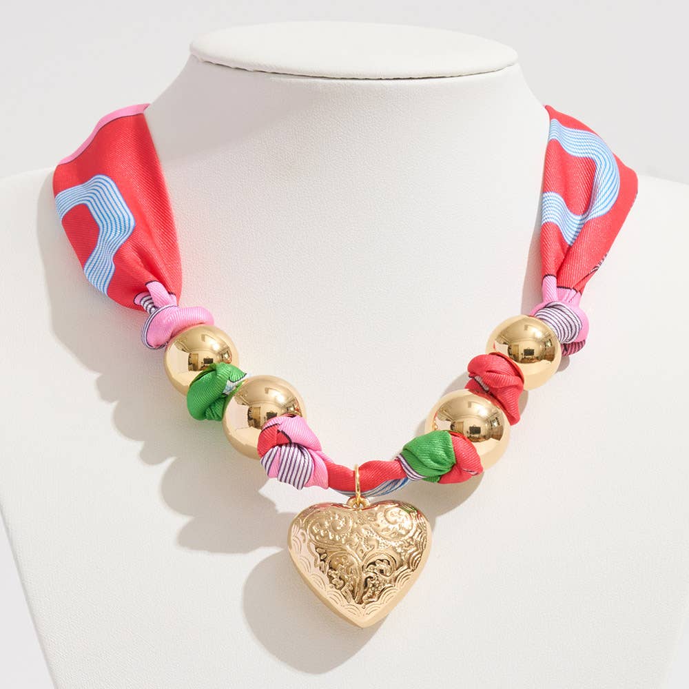 Sensibling Corp. - Gold Dipped Puffy Textured Heart Charm Accent Fabric Scarf Necklace / Adjustable Bracelet / Bag Charm