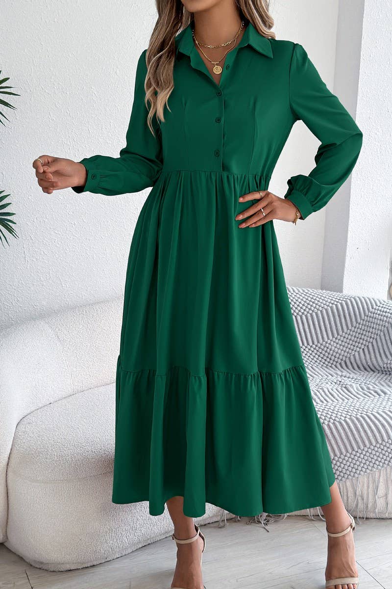 NINEXIS - CWDMD6027_LOOSE FIT RUFFLE TRIM LONG SLEEVE SHIRT DRESS