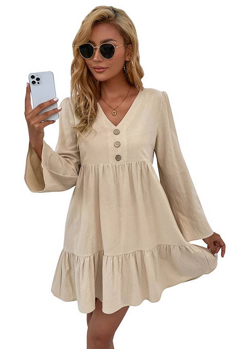 NINEXIS - CWDSD2000_V-Neck Button Long Sleeve Pullover Dress