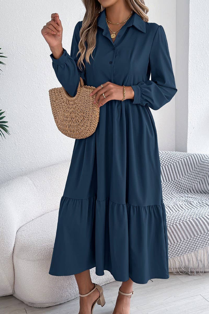 NINEXIS - CWDMD6027_LOOSE FIT RUFFLE TRIM LONG SLEEVE SHIRT DRESS