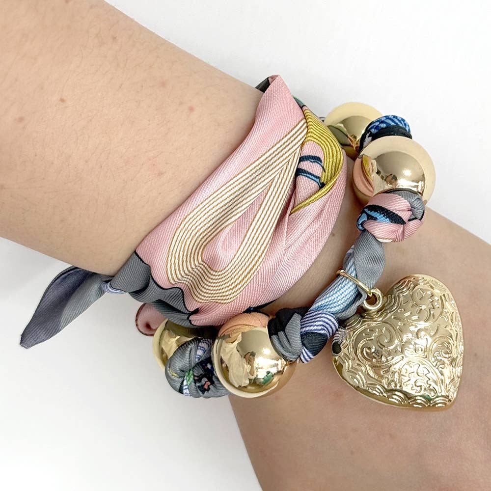 Sensibling Corp. - Gold Dipped Puffy Textured Heart Charm Accent Fabric Scarf Necklace / Adjustable Bracelet / Bag Charm