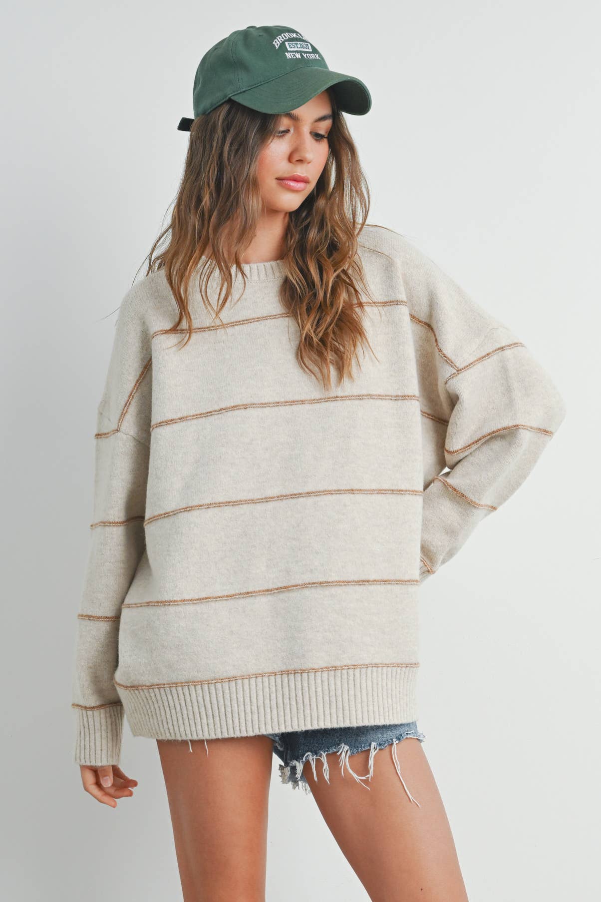 BUTTERMELON - Striped Pattern Drop Shoulder Sweater - BMW7421