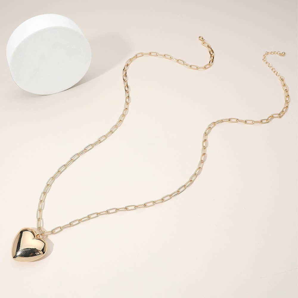 Sensibling Corp. - Metal Puffy Heart Pendant Paperclip Chain Long Necklace