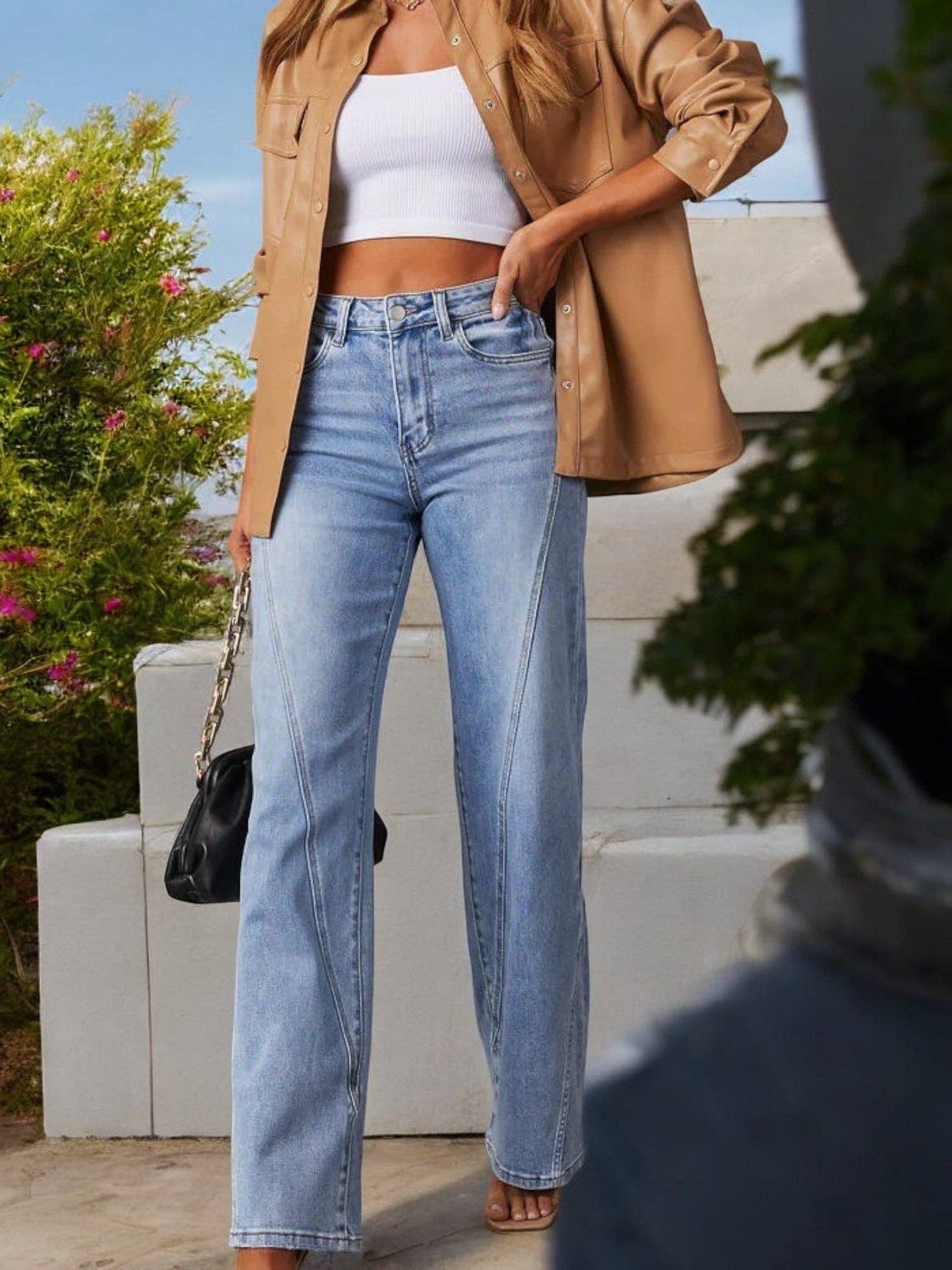 Anna Kaci Wholesale - Women's High Waist Wide Leg Jeans with Seaming Detail