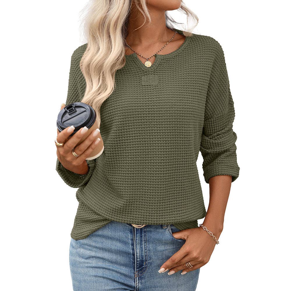 Lovesoft - Women’s Striped Waffle Knit Long Sleeve Casual T-Shirt Top