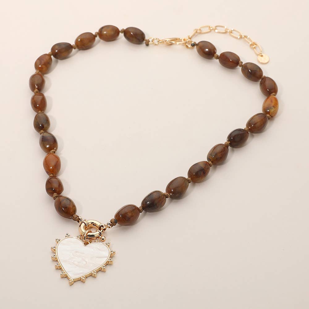 Sensibling Corp. - Mother of Pearl Heart Pendant Marbled Resin Oval Beaded Necklace