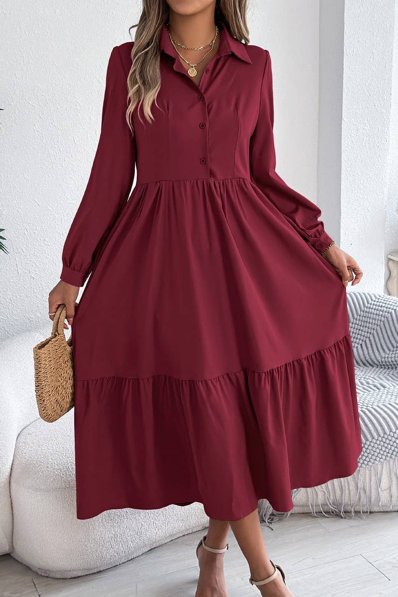 NINEXIS - CWDMD6027_LOOSE FIT RUFFLE TRIM LONG SLEEVE SHIRT DRESS