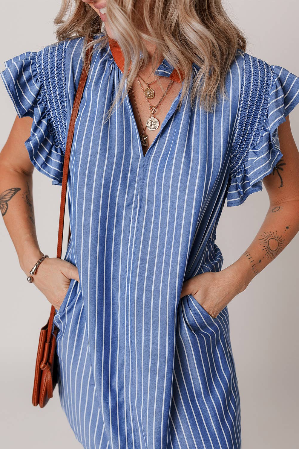 Aapparella - Striped V Neck Shirred Ruffle Sleeve Mini Dress | S-XL