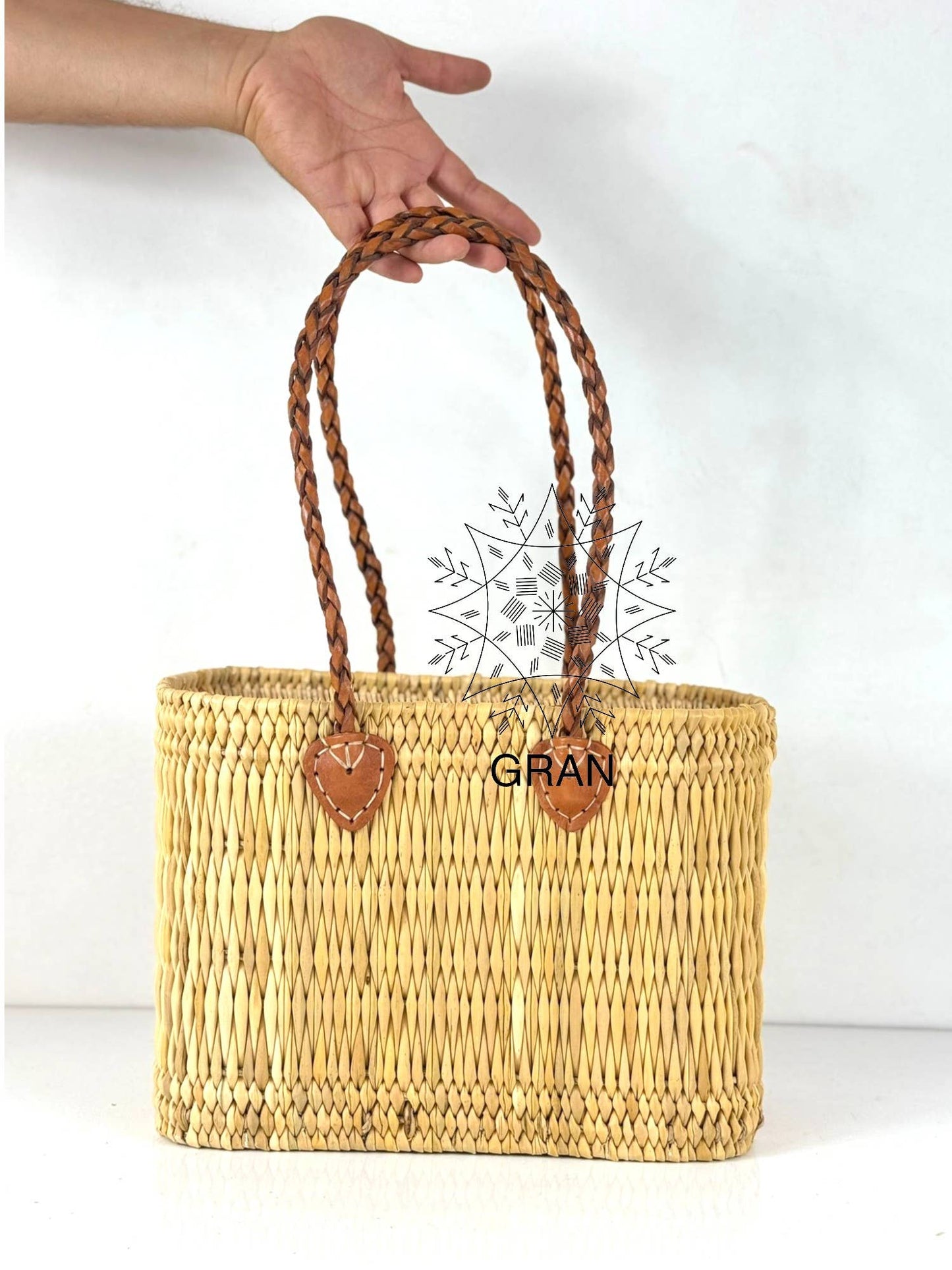 Gran Wholesale - Handwoven Reed Basket with Braided Leather Handles