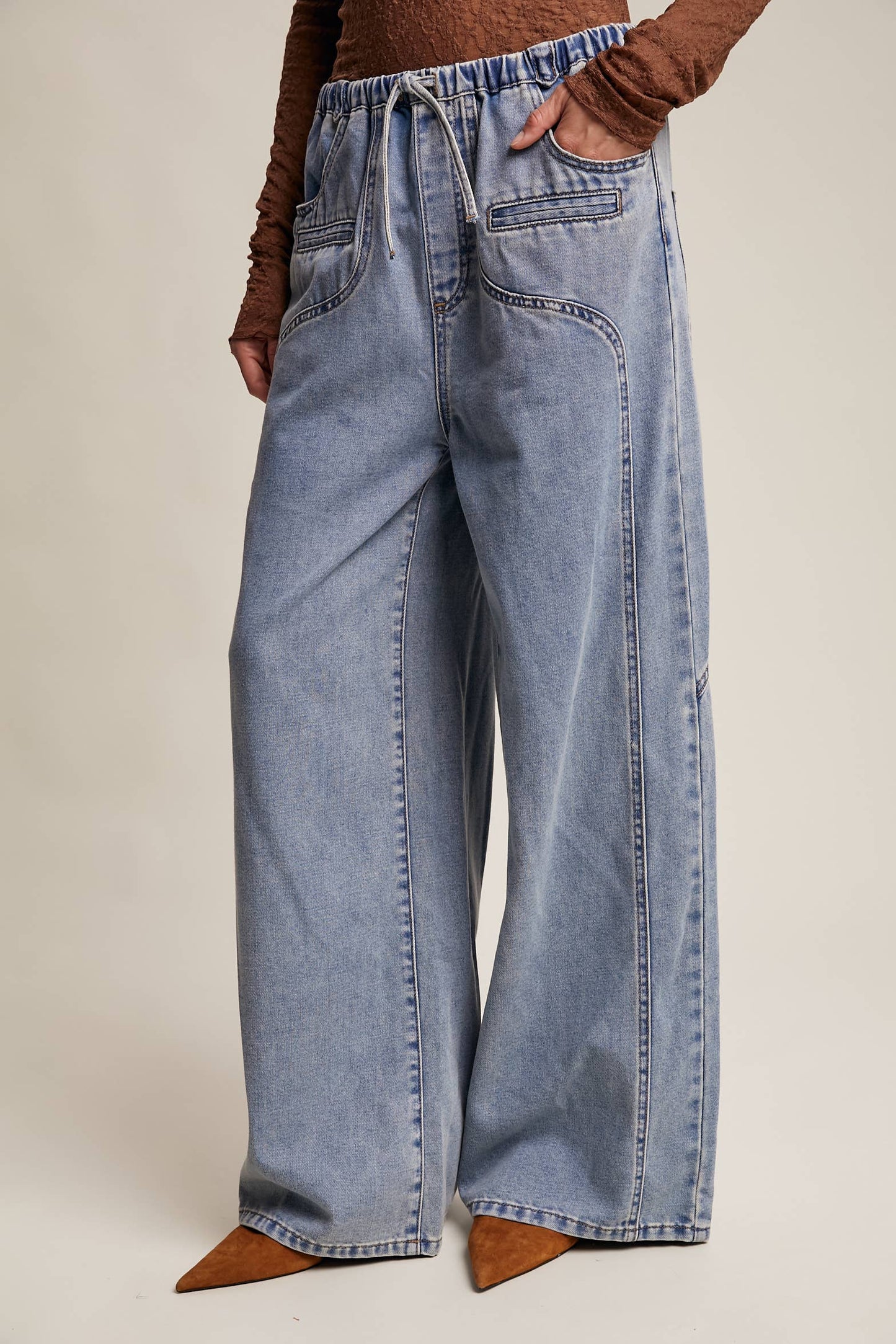 Listicle - Wide Leg Denim Drawstring Pants