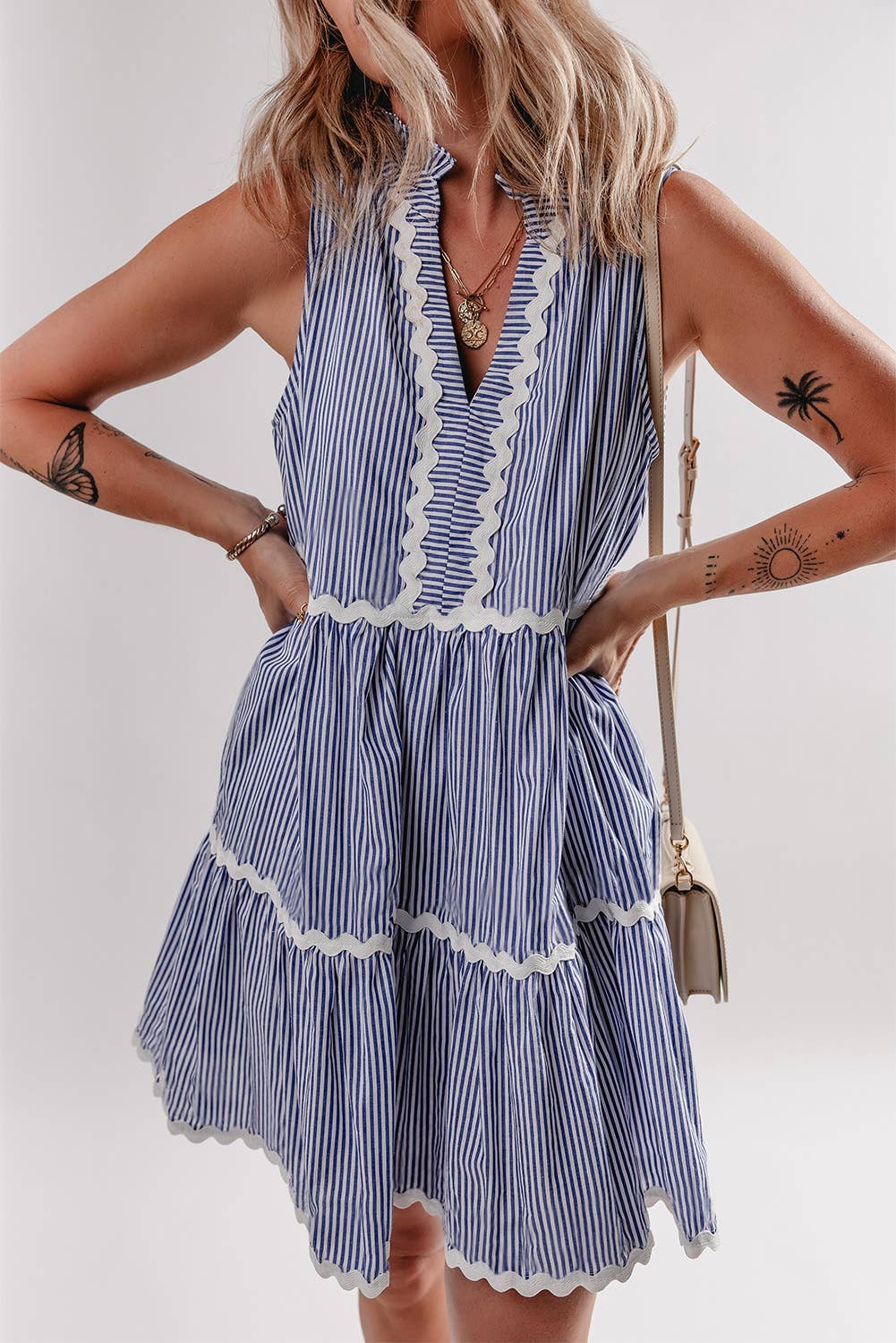 Aapparella - Striped Print Ric-rac Trim Sleeveless Mini Dress | S-XL