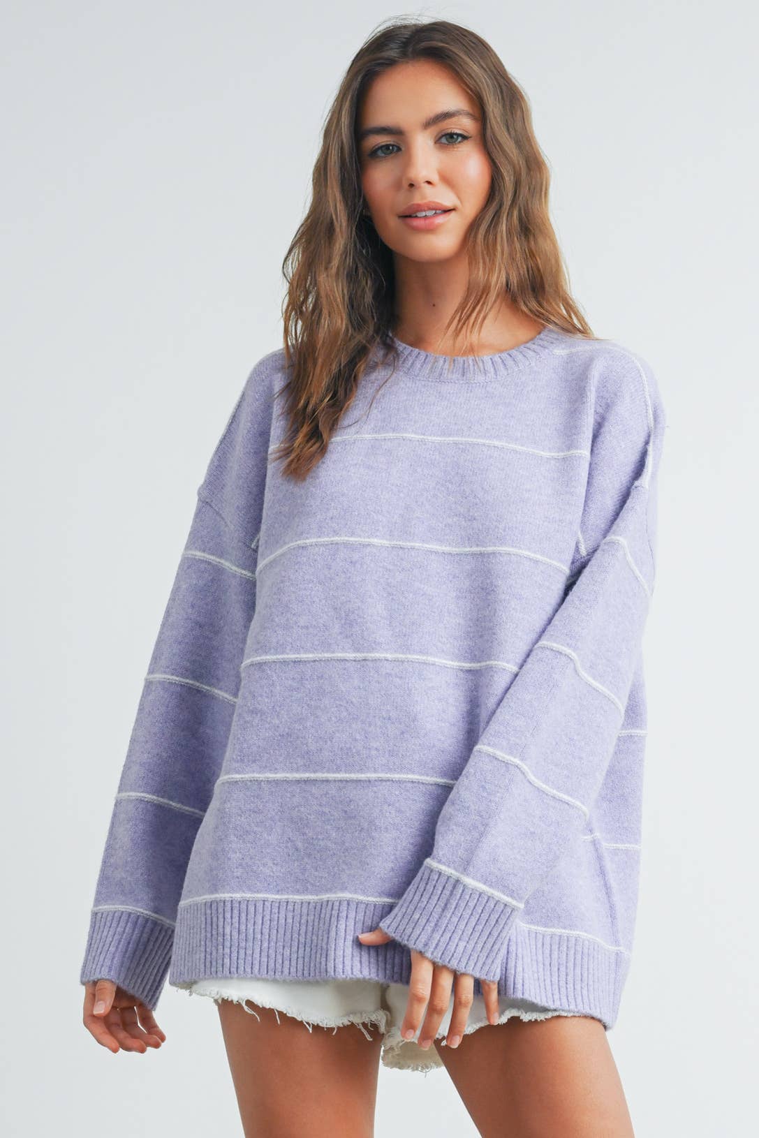 BUTTERMELON - Striped Pattern Drop Shoulder Sweater - BMW7421