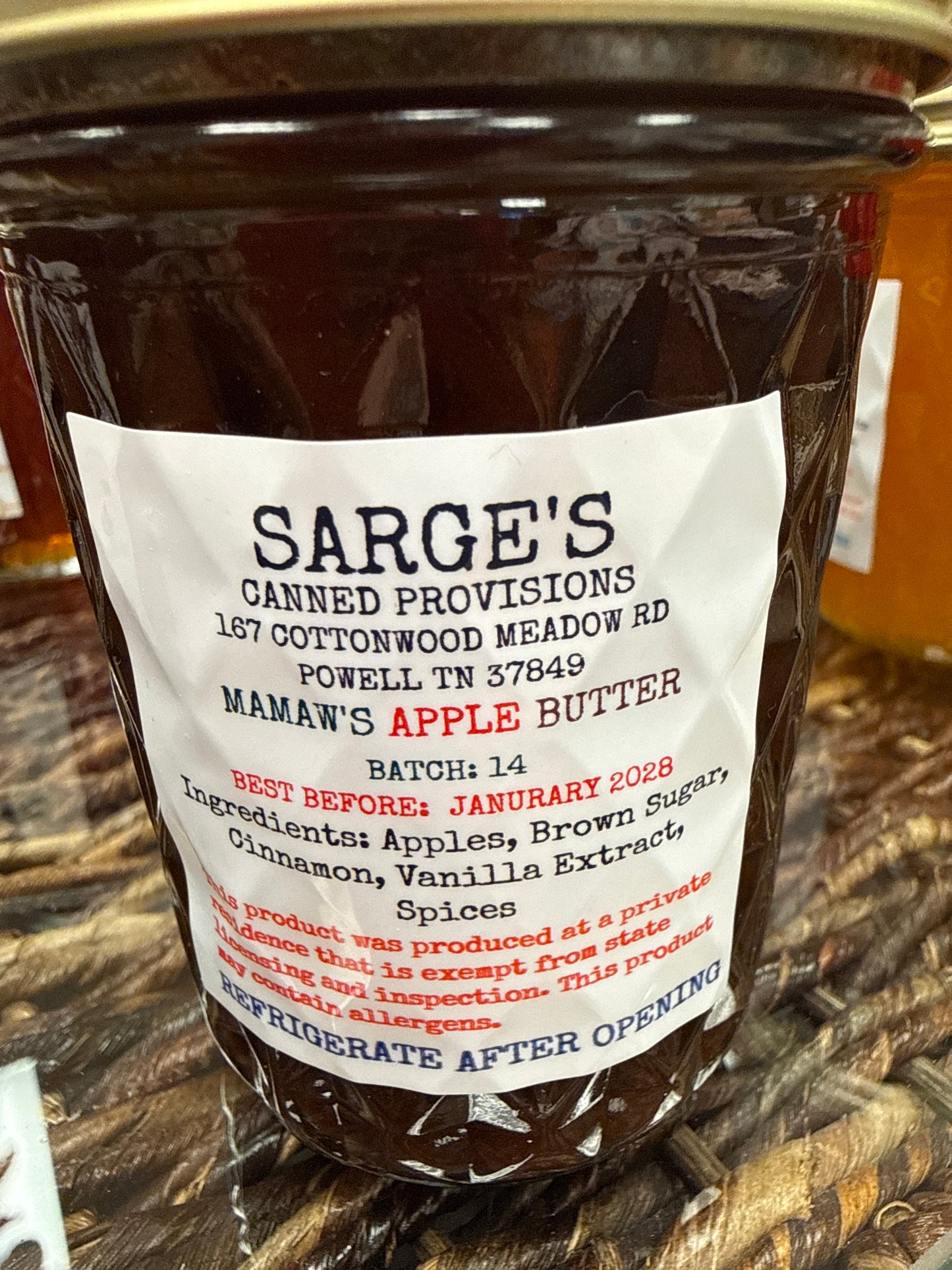 Sarge’s jelly, jam, hot honey and apple butter