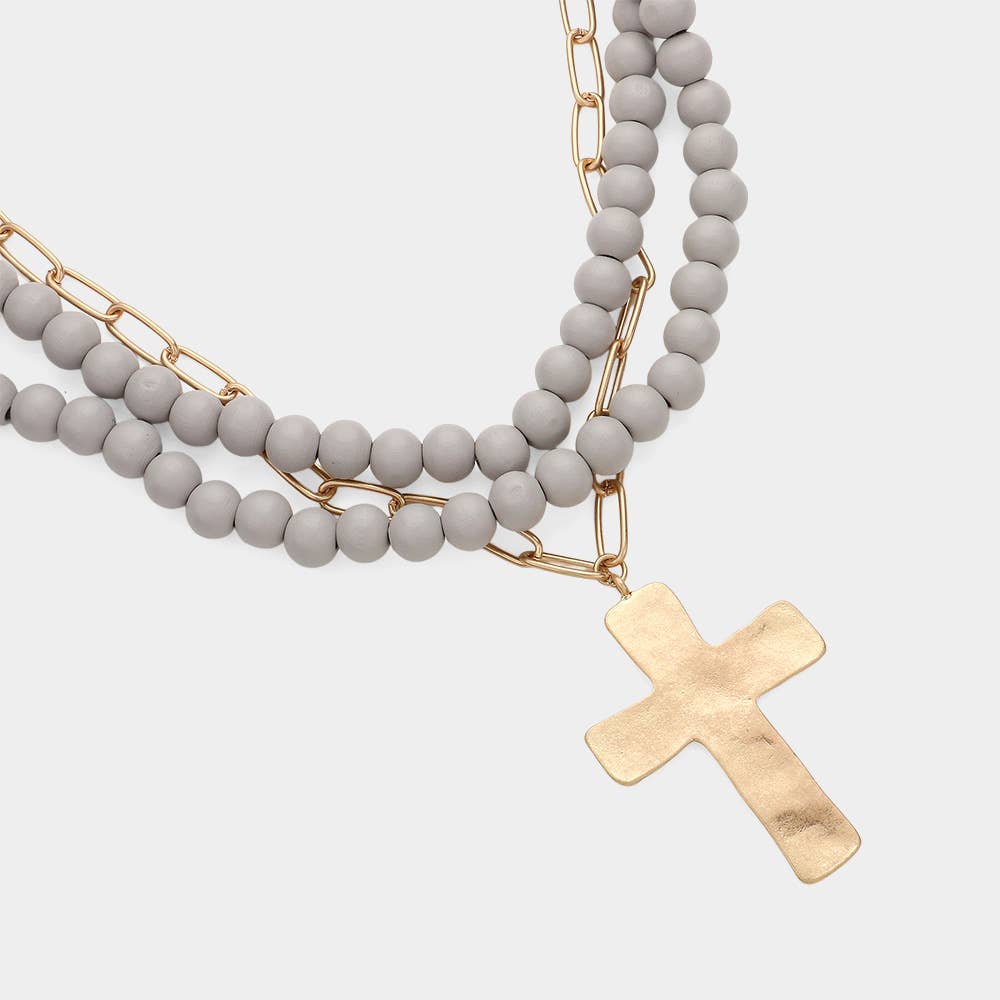 Sensibling Corp. - Hammered Metal Cross Pendant Wood Chain Layered Necklace