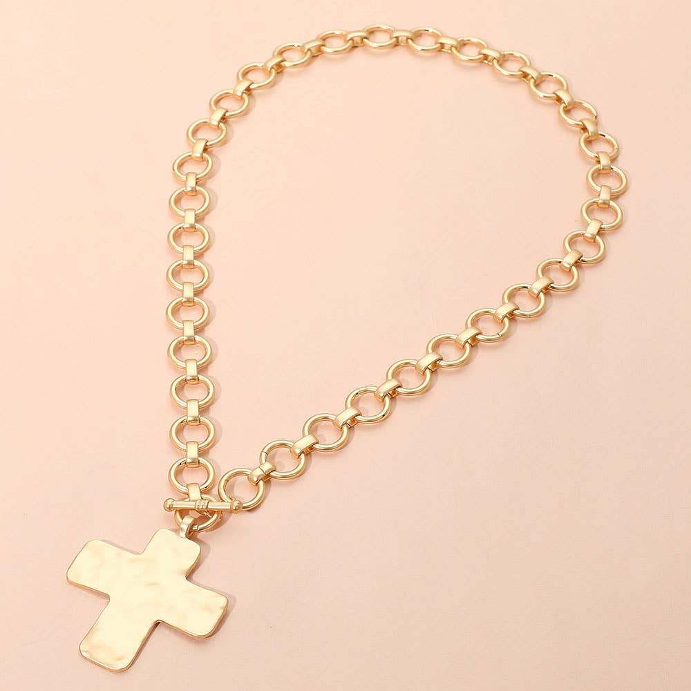 Sensibling Corp. - Hammered Matte Metal Cross Pendant Chunky Chain Toggle Necklace