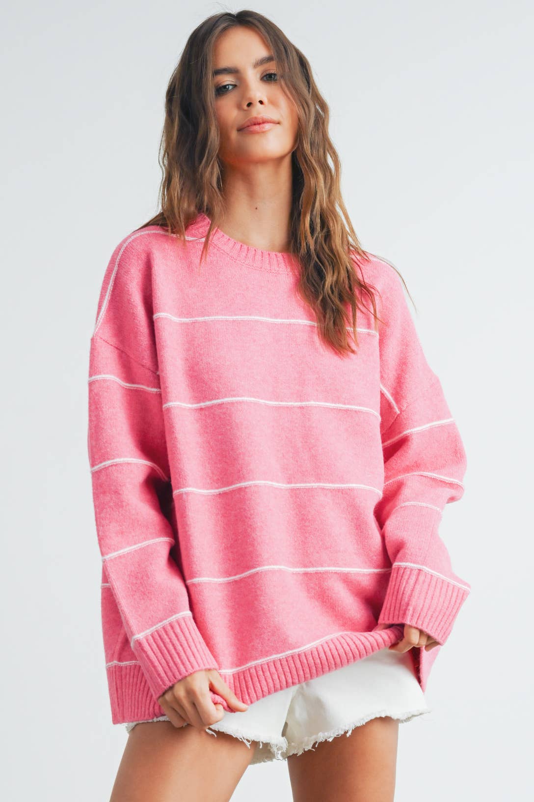 BUTTERMELON - Striped Pattern Drop Shoulder Sweater - BMW7421