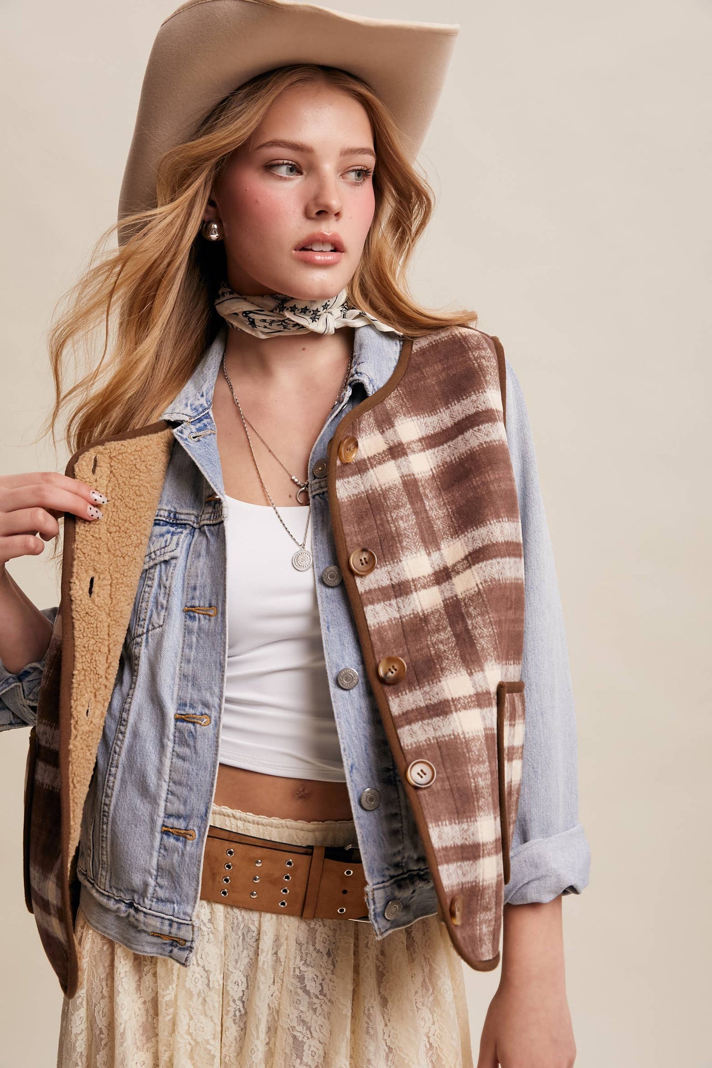 Listicle - Reversible Plaid Sherpa Vest LVT016